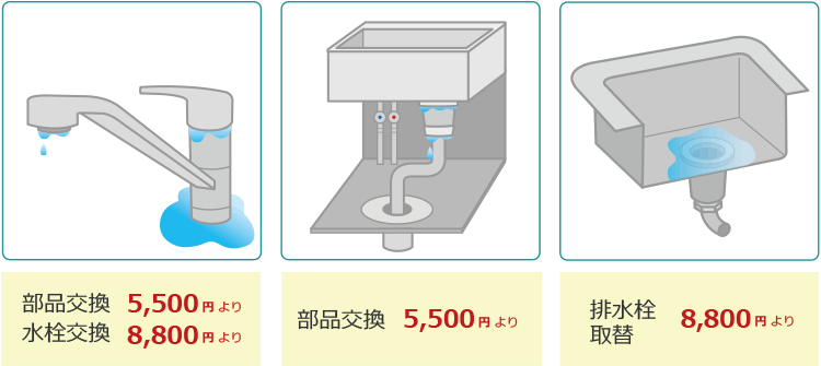 部品交換5500円（税込）より　水栓交換8800円（税込）より　部品交換5500円（税込）より　排水栓取替　8800円（税込）より